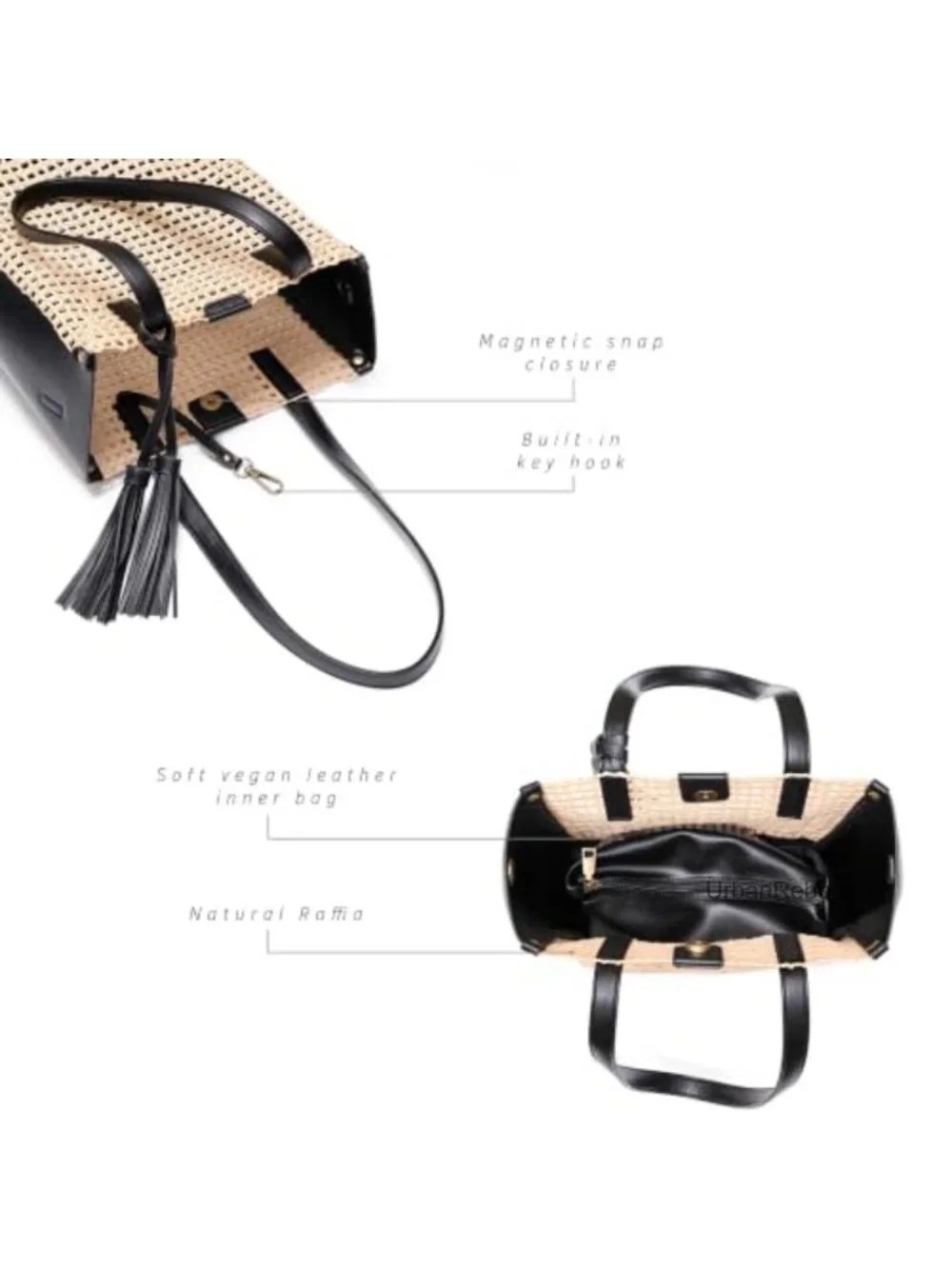 Woven Raffa Straw Tote Bag with Tassel, Vegan Leather Shoulder Handbag